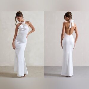 Club L London Unbeatable White Cross Over Halter-Neck Maxi Dress, Size 4